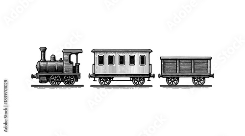 Vintage train illustration with locomotive, passenger car, and freight car