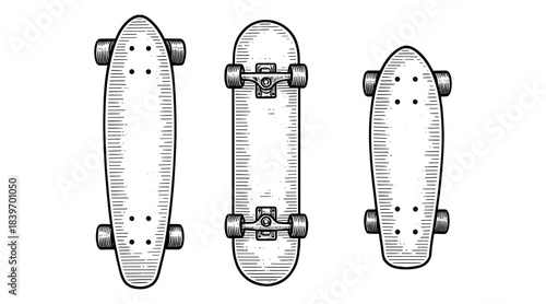 Engraved illustration of skateboards in a top-down view on a white background