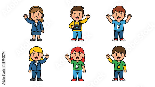 Set of Six Cartoon Children with Diverse Outfits and Expressions for Educational or Children s Content