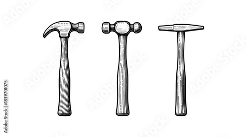 Detailed illustration of three different types of hammers on a white background
