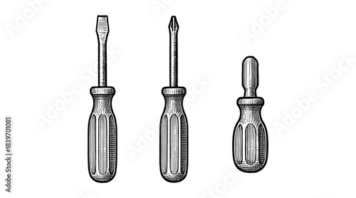 Engraved illustration of three screwdrivers on a white background