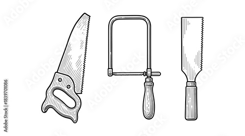 Vintage hand saws illustration on white background
