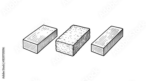 Hand-drawn illustration of three bricks in a row, isolated on white