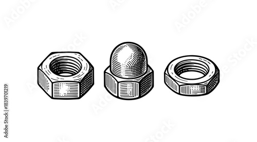 Detailed illustration of three different metal nuts in black and white