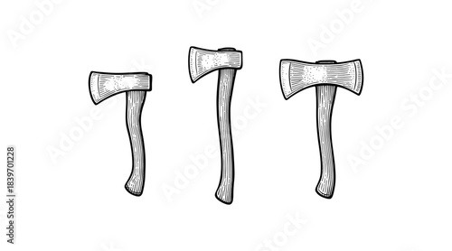 Engraved axes illustration in black and white on a white background