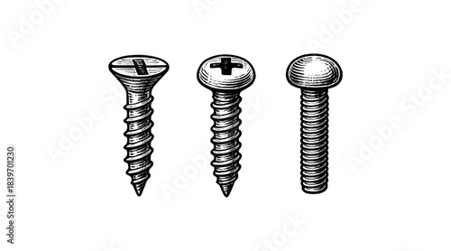 Detailed illustration of three different screw types on a white background