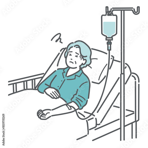 点滴中に気分が悪そうな高齢の女性患者のイラスト（副作用・急変）