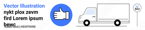 Logistics, eco-friendly transport, sustainability, biofuel, delivery, thumbs up. Minimalist white truck outline with thumbs-up symbol and biofuel indicator. Logistics and eco-friendly transport