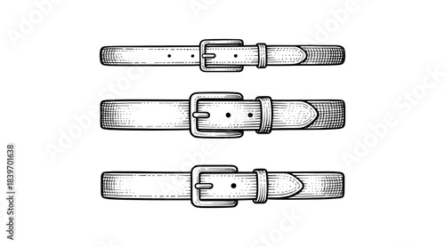 Detailed illustration of three leather belts with buckles in a row