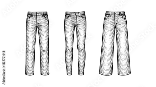 Engraved illustration of three different styles of denim jeans on white background