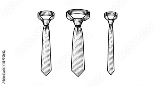 Elegant hand-drawn illustration of three neckties in a row, isolated on white