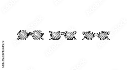 Hand-drawn sunglasses illustration in black and white on a clean white background