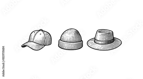 Line art illustration of three different hat styles on a white background