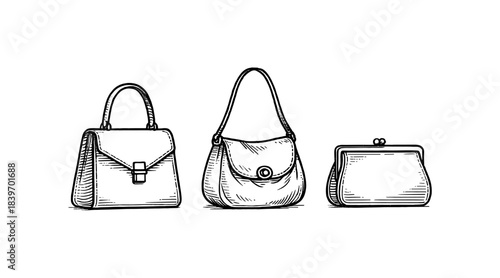 Elegant hand-drawn illustration of three stylish women's handbags in black and white.