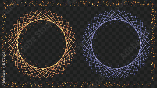 Two glowing geometric circular frames with intersecting lines, one golden and one blue, on a dark transparent background with sparkling particles.