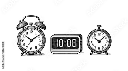 Vintage clock illustration featuring alarm clocks and digital clock