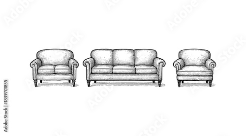 Vintage furniture illustration of a sofa and two armchairs on a white background