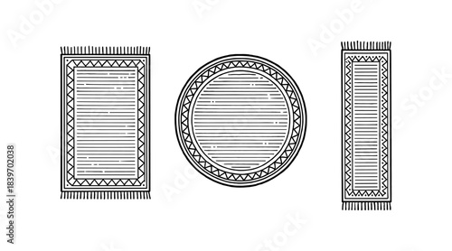 Line art illustration of three different rug designs on a white background