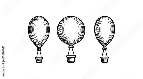 Vintage hot air balloons illustration in black and white on a white background