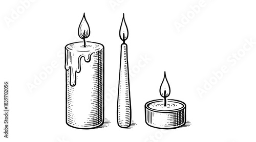 Hand-drawn illustration of three burning candles in a vintage engraving style
