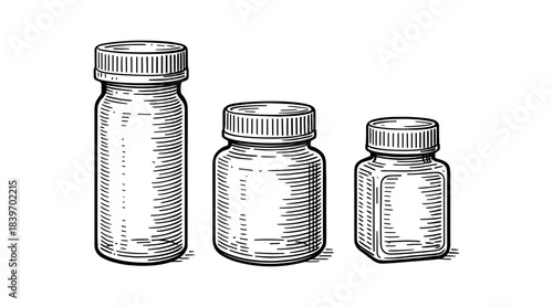 Detailed illustration of three medicine bottles in a vintage engraving style