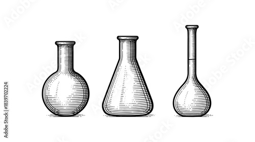 Engraved illustration of laboratory glassware for scientific experiments and research.