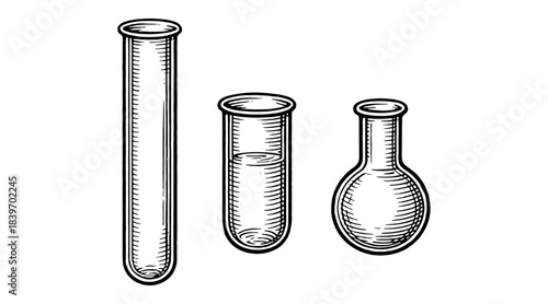 Vintage laboratory glassware illustration in a detailed black and white style