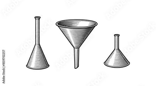Engraved illustration of laboratory funnels in a scientific style