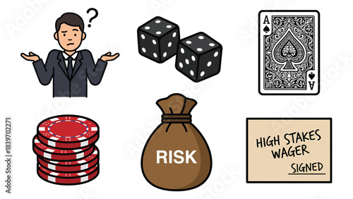 Business Risk and Decision Making Concept with Dice Poker Card and Money