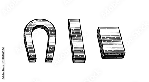 Illustration of three different magnet shapes in black and white