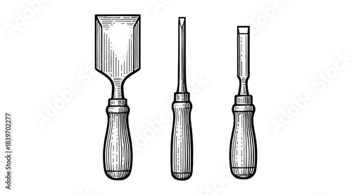 Detailed illustration of three wood chisels on a white background