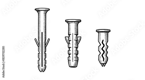 Detailed illustration of three different wall anchors for construction and DIY projects