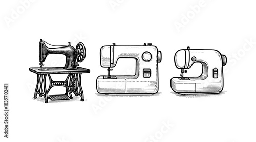 Vintage and Modern Sewing Machines in Detailed Engraved Illustration