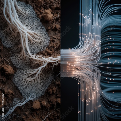 Organic mycelium roots merging with digital fiber optic network abstract concept of nature technology connection and data flow