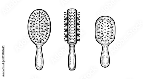Vintage hairbrushes illustration in black and white, isolated on white background