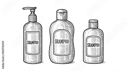 Vintage shampoo bottles illustration in black and white, perfect for design