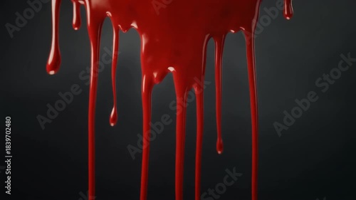 Thick red liquid slowly drips down a dark background creating a suspenseful and dramatic effect.