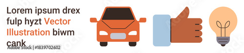 Transportation, approval, innovation, automotive design, creative concepts, graphic design. Car, thumbs up and light bulb icons with text. Transportation and approval theme