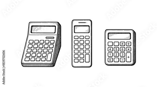 Hand-drawn calculator illustrations in a black and white line art style