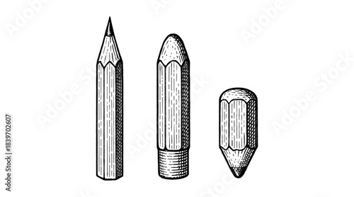 Detailed illustration of pencils in various stages of use, black and white.