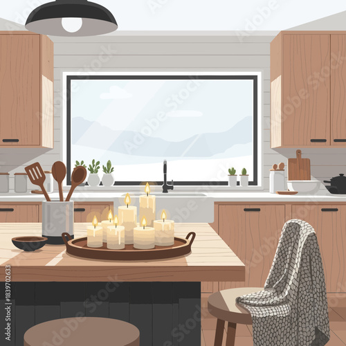Cozy and Bright Modern kitchen with candle centerpiece and large window view