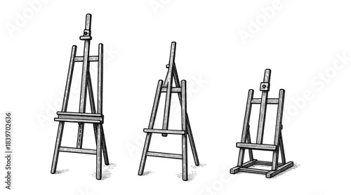 Illustration of three wooden easels in different sizes and styles