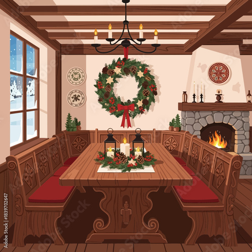 Cozy Christmas Dining Room Decor with Fireplace and Festive Wreaths