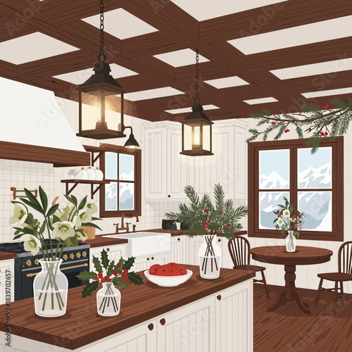 Cozy and Elegant Winter Kitchen Decor with Plants and Holiday Accents