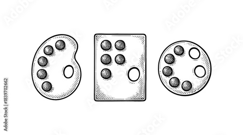 Ink drawing of three artist palettes in different shapes and styles