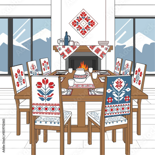 Cozy dining room decorated with Scandinavian-inspired textile patterns and a fireplace for warmth