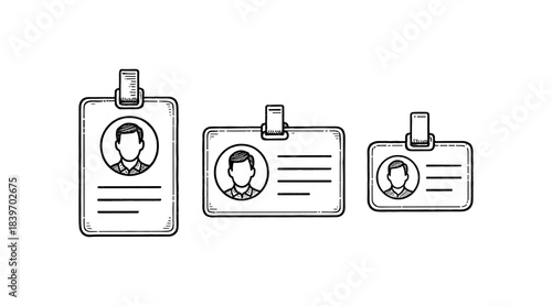 Hand-drawn ID badge illustrations in black and white on a white background
