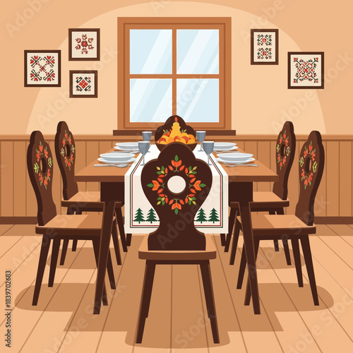 Cozy dining room setup with decorated chairs and festive table setting for family gathering