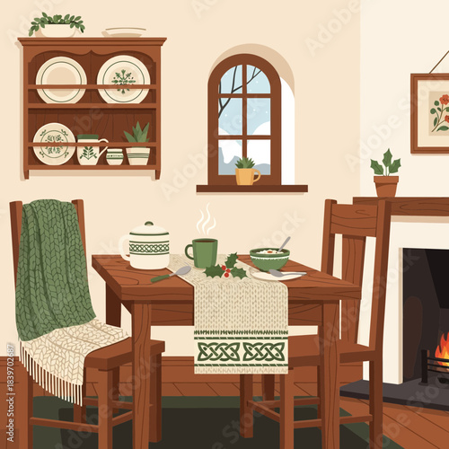 cozy dining room setting with wooden furniture and a fireplace creating warm ambiance