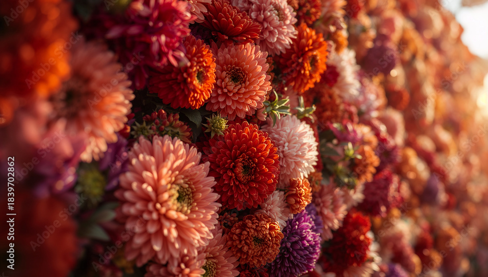 Fototapeta premium カラフルな菊の花が連なる花の壁が広がる結婚式やパーティー向けの上品な背景素材.生成AI